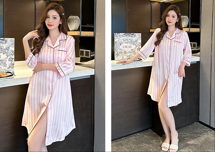 Wholesale Charmeuse Stripe Print Long Sleeve Nightshirt