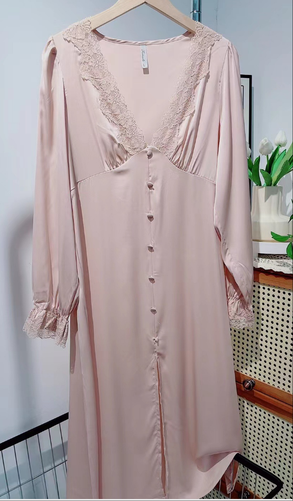 Wholesale Charmeuse Long Sleeve Lace Nightgown