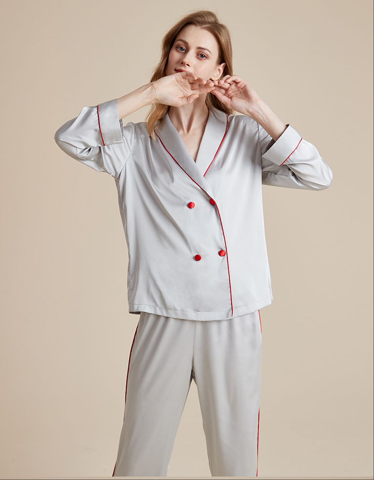 Wholesale Charmeuse Binding Trim Long Sleeve Pajama Set