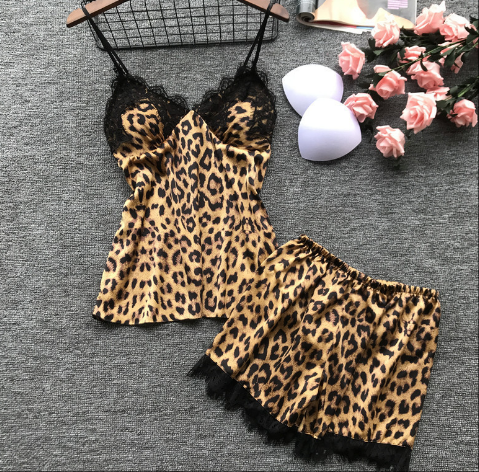 Wholesale Charmeuse Leopard Camisole Set with Lace Trim