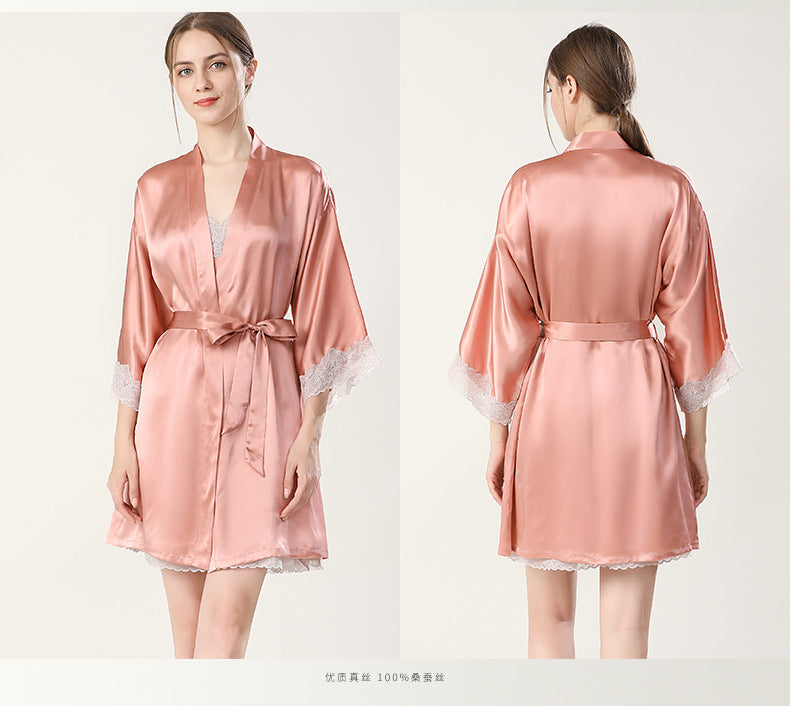 Wholesale Charmeuse Lace Cuffs Midi Robe w/ Belt (Without Nightdress)