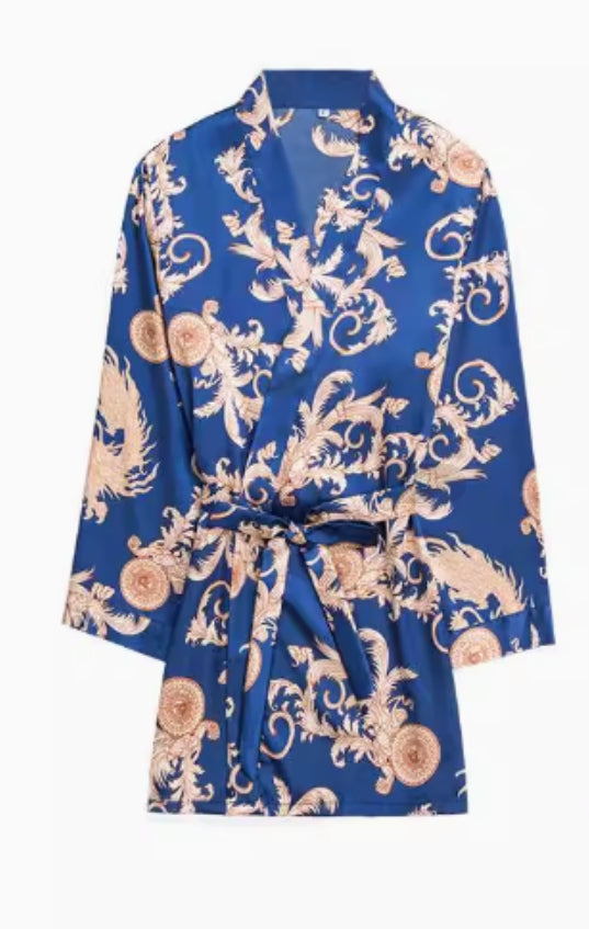 Wholesale Charmeuse Dragon Print 3/4 Sleeve Women's Robe（With belt）