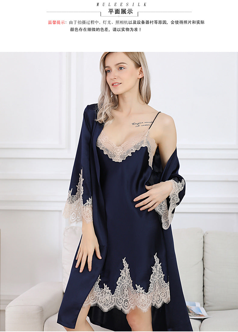 Wholesale Charmeuse Lace Cuffs Elegant Belted Robe