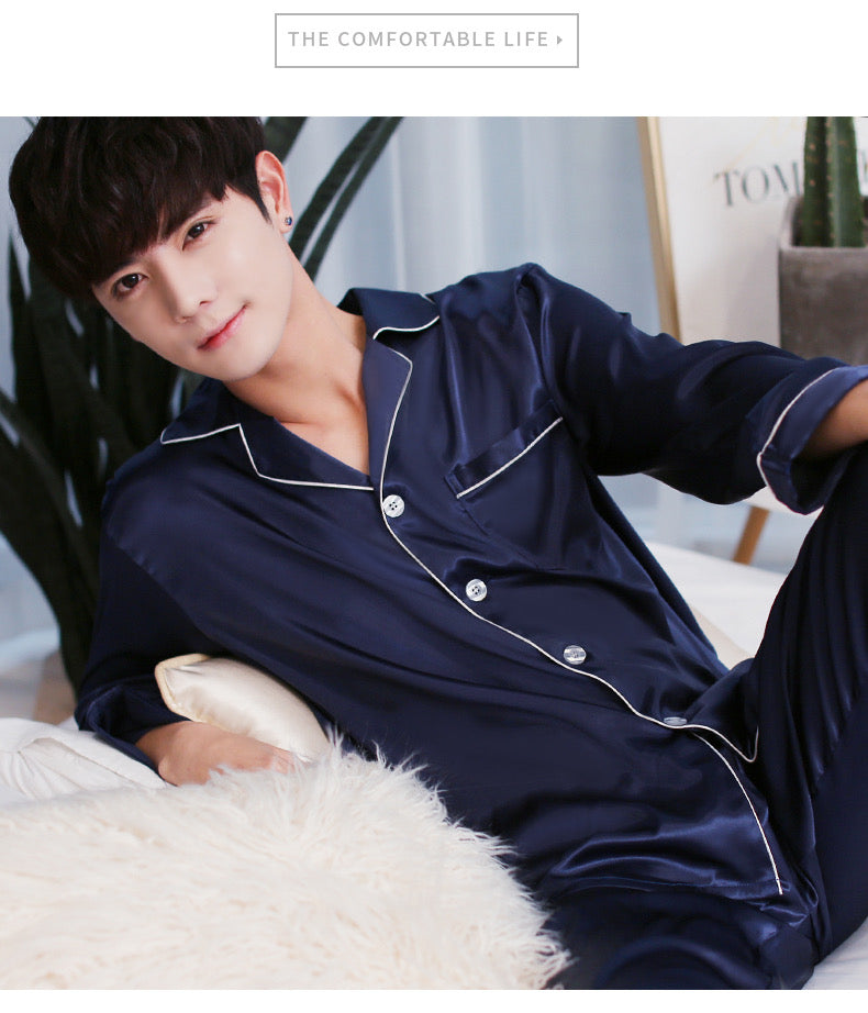 Wholesale Men's Satin Lapel Full Length Pajama Set