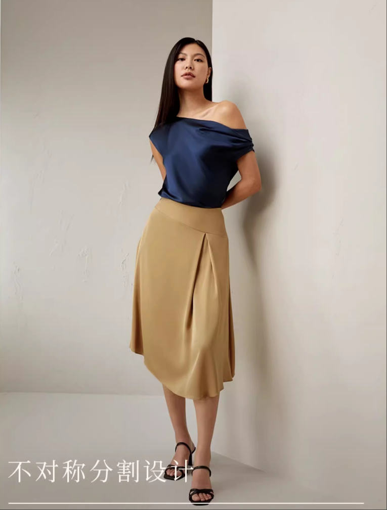 Wholesale Satin Fashionable Asymmetrical Hem Midi Skirt