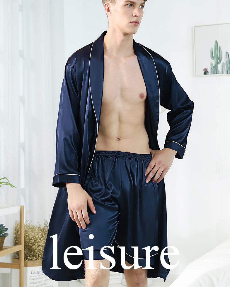 Wholesale Charmeuse Piping Trim Belted Mens Robe + Shorts 2Pcs