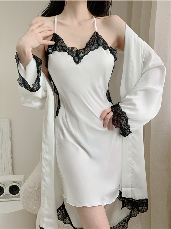 Wholesale 2Pcs Charmeuse Sexy Belted Lace Trimed Nightgown&Robe Set