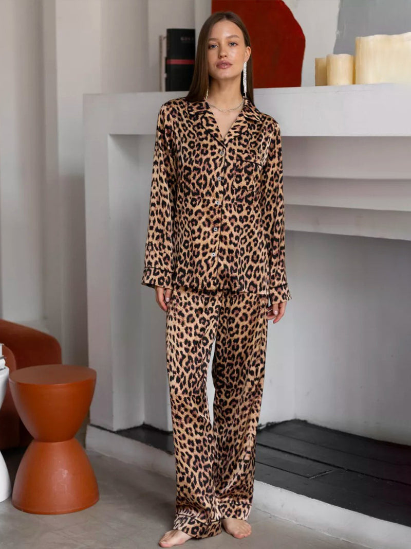 Wholesale Charmeuse Leopard-Printed Long Sleeve Pants Pajamas