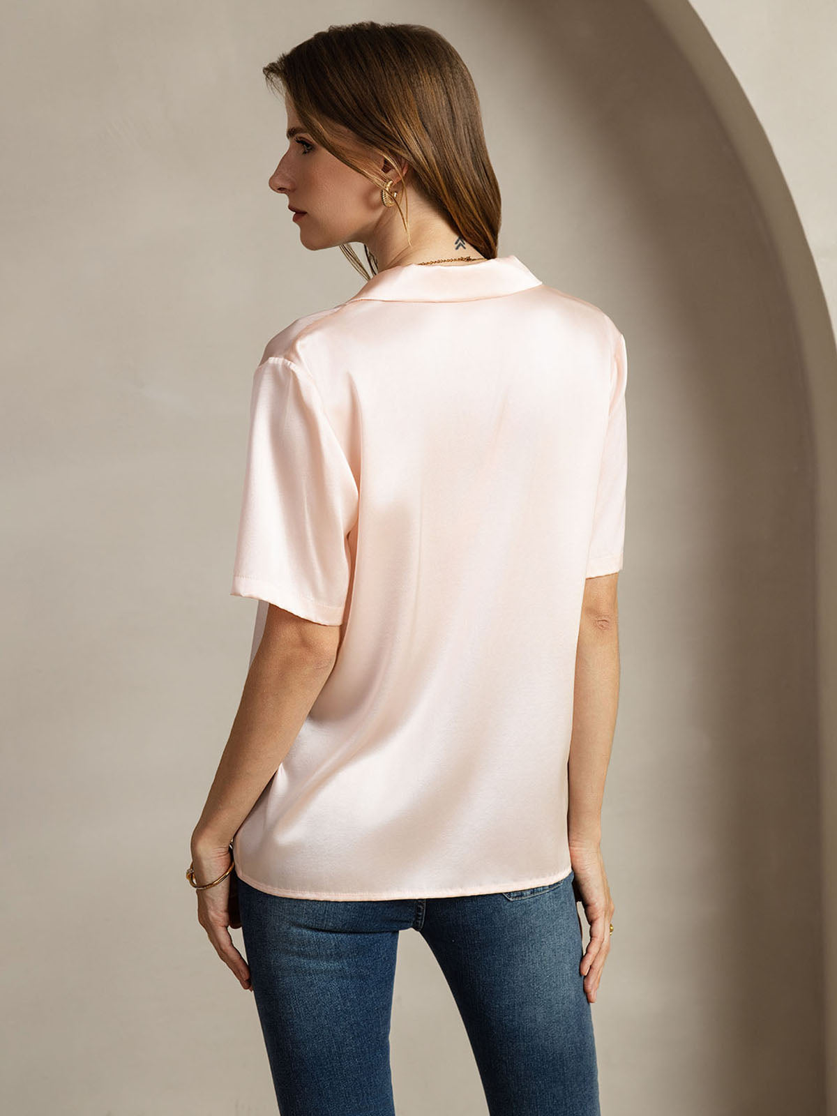 [Pink] US-19Momme Silk Short Sleeve Notched