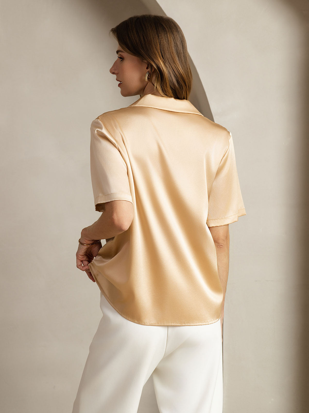 19Momme Silk Short Sleeve Notched Lapel Women's Shirt with Button Up Design