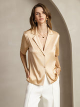 19Momme Silk Short Sleeve Notched Lapel Women's Shirt with Button Up Design