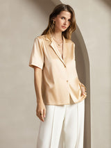 19Momme Silk Short Sleeve Notched Lapel Women's Shirt with Button Up Design