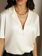 19Momme Silk Short Sleeve Notched Lapel Women's Shirt with Button Up Design