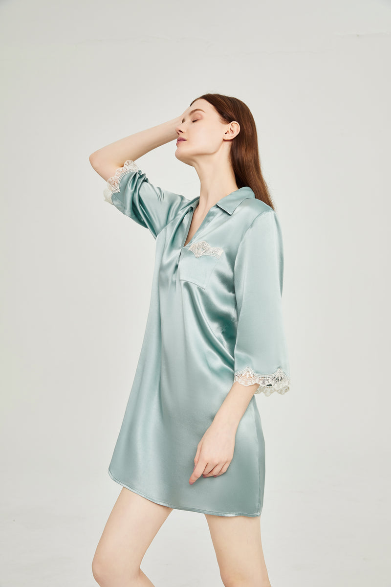 Wholesale Charmeuse Lace Cuffs Casual Sleep Shirt