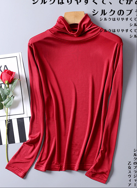 Wholesale Satin Blend High Neck Long-Sleeved T-Shirt