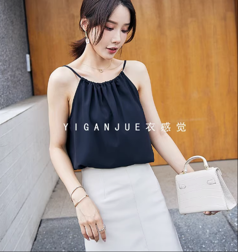 Wholesale Satin Relaxed Pearl-tie Neck Tank Top