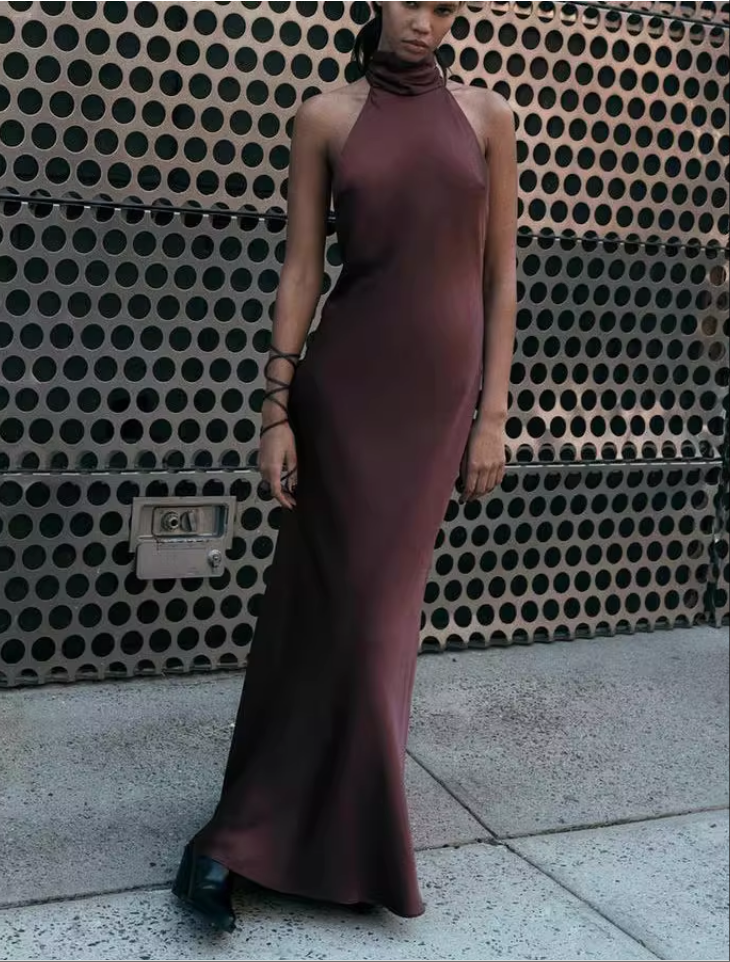 Wholesale Satin High Neck Backless Maxi Dress